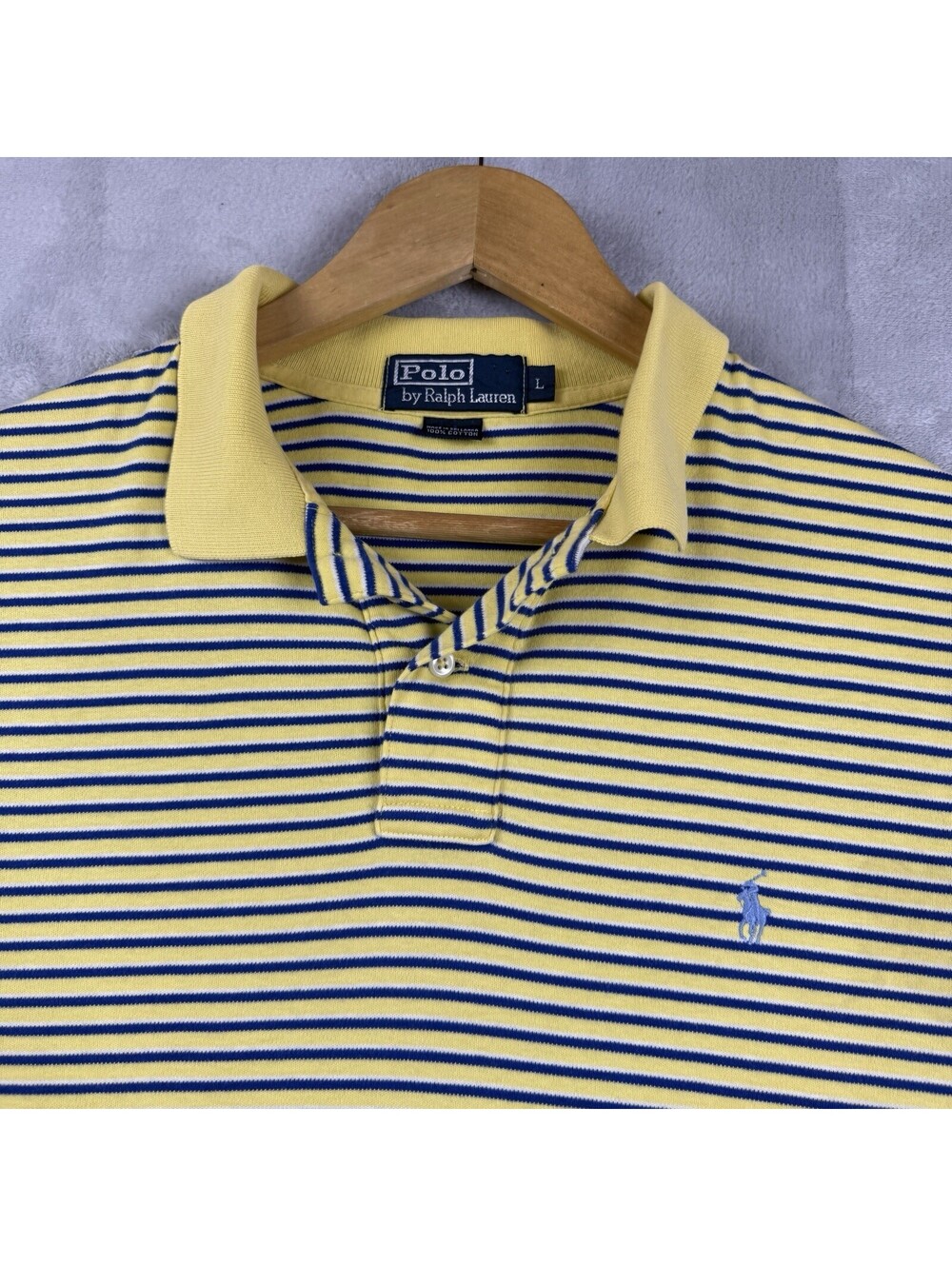 Polo Ralph Lauren Yellow Blue Stripe Polo Shirt Men’s L Cotton Short Sleeve Pony - Picture 7 of 7